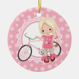 Blondes Fahrrad-Mädchen - rosa Weiß Keramik Ornament
