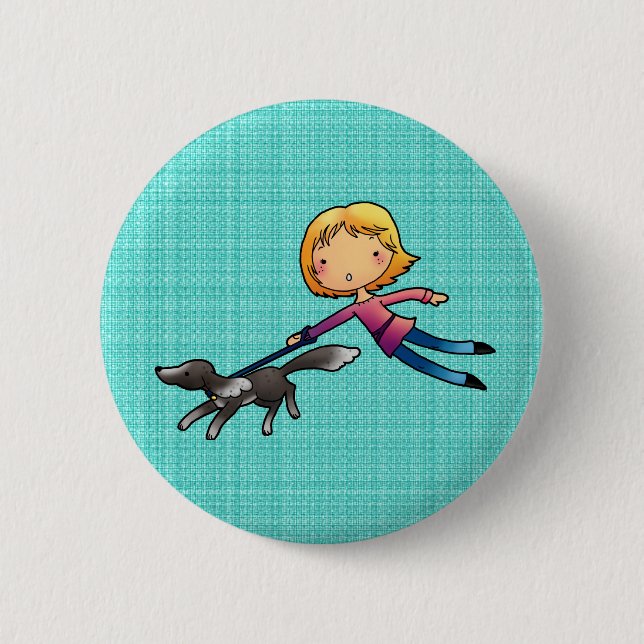 Blondes Frau Hundegehen Button (Vorderseite)