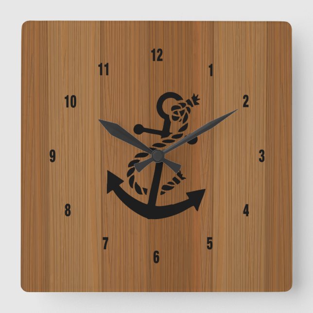 Blondes Holz und Brownseeanker Quadratische Wanduhr (Vorderseite)
