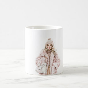 Blondes Mädchen Blush Rosa Hut Jacke Kaffeetasse
