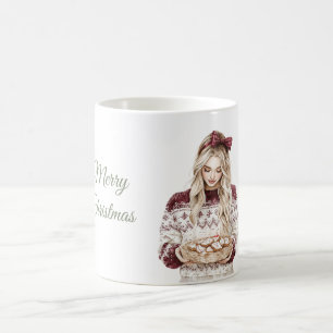 Blondes Mädchen Grüne Schleife Burgunder Kekse Wei Kaffeetasse
