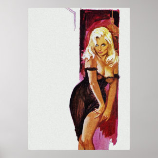 Blondes Mädchen in schwarzem Kleid Pulp-Cover-Art Poster
