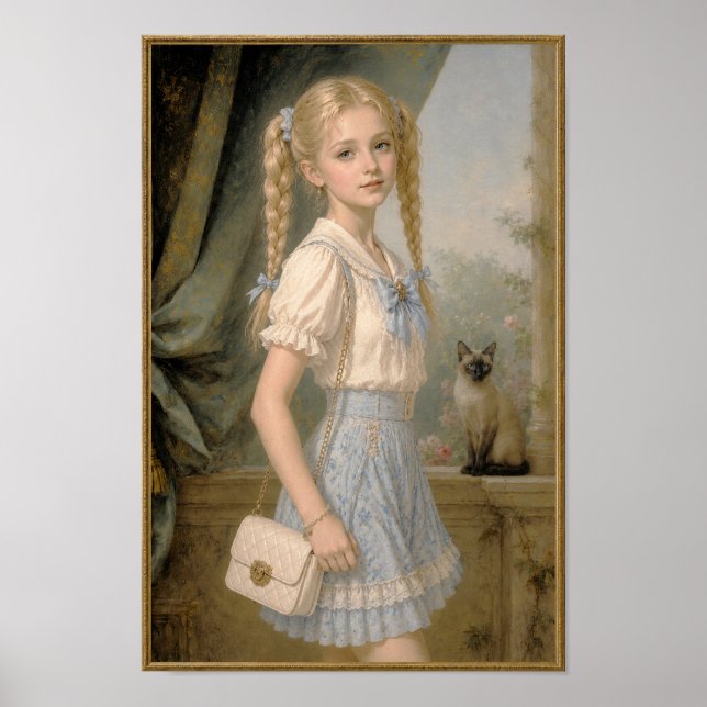 Blondes Mädchen mit einer Siamkatze Poster (Vorne)