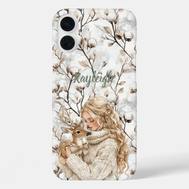 Blondes Mädchen mit Reh   iPhone 16 Plus Hülle (Rückseite)