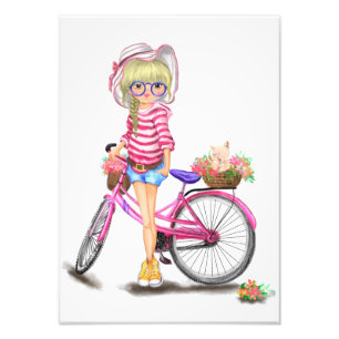 Blondes Mädchen mit rosa Fahrrad Foto Druck