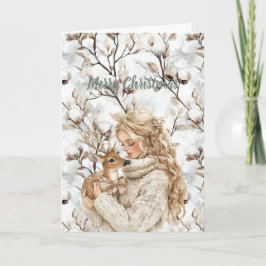 Blondes Mädchen mit Weihnachten Hirsch Karte