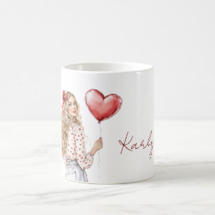 Blondes Mädchen rote Herzen Bluse Kaffeetasse