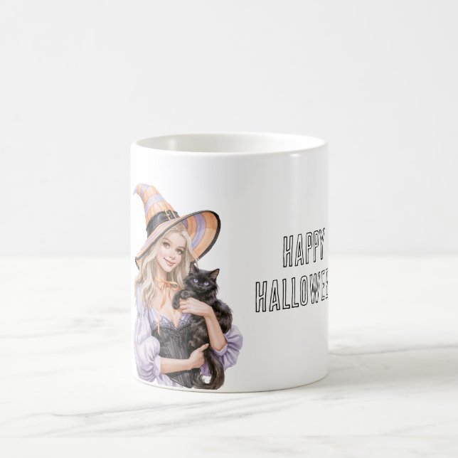 Blondes Mädchen schwarze Katze Halloween Kaffeetasse (Mittel)