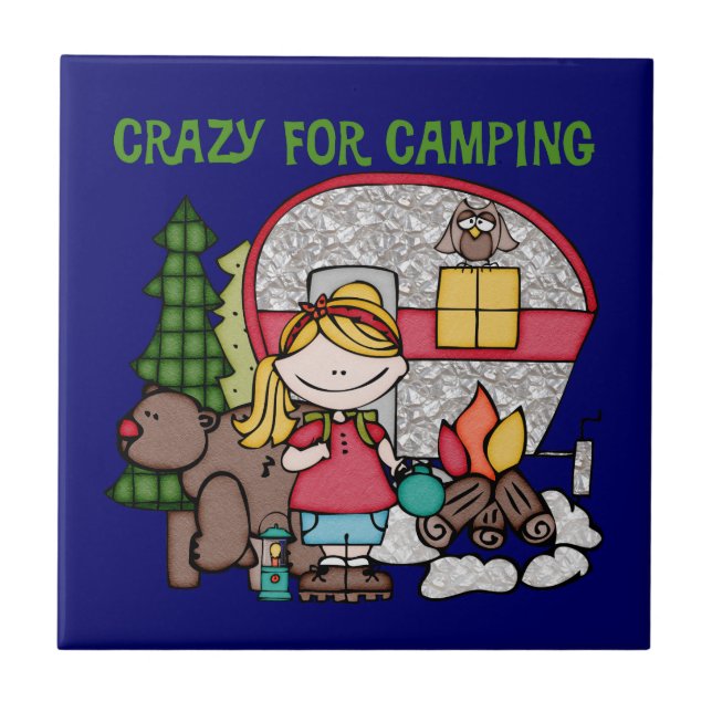 Blondes Mädchen verrückt für Camping Fliese (Vorderseite)