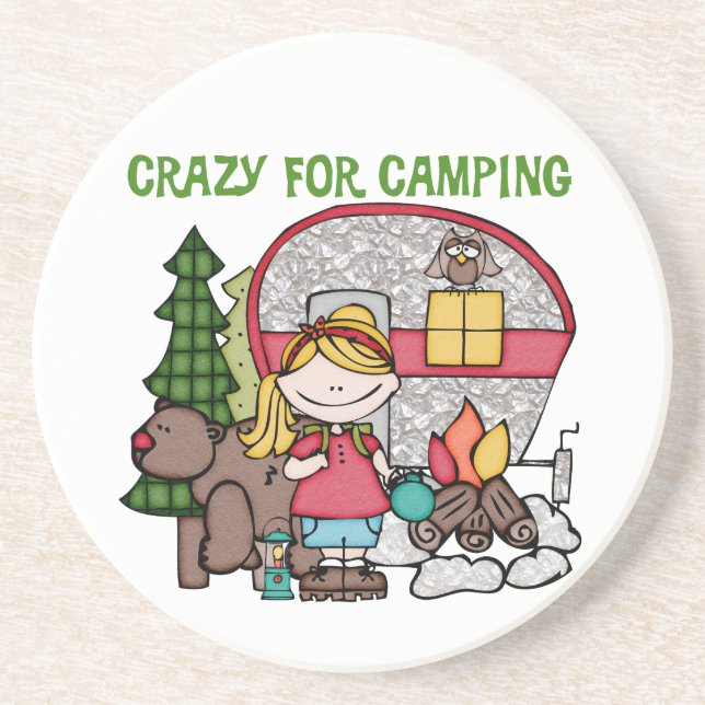 Blondes Mädchen verrückt für Camping Getränkeuntersetzer (Vorne)