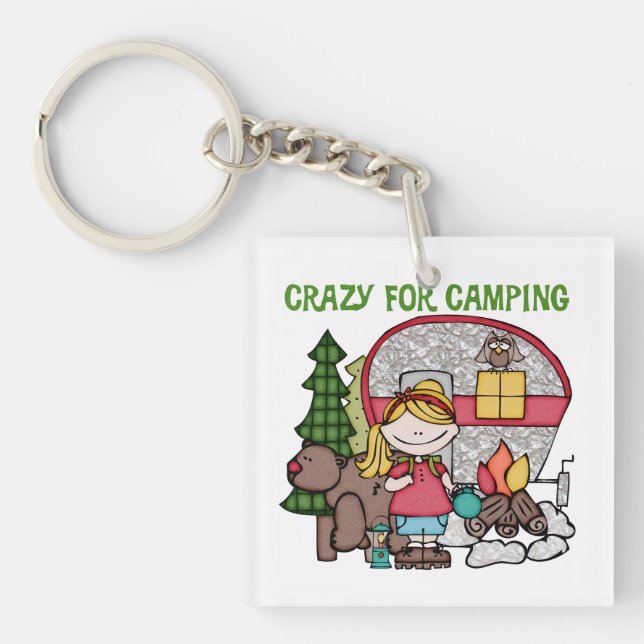 Blondes Mädchen verrückt für Camping Schlüsselanhänger (Vorderseite)