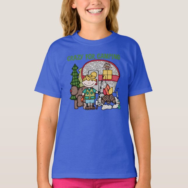 Blondes Mädchen verrückt für Camping T-Shirt (Vorderseite)