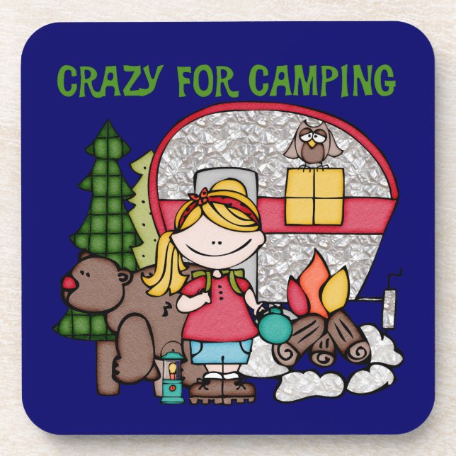 Blondes Mädchen verrückt für Camping Untersetzer (Vorderseite)