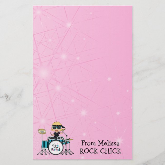 Blondes Schlagzeuger-Mädchen mit Sternen auf Rosa Briefpapier (Vorderseite)