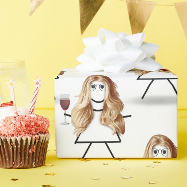 Blondes Strichfigur-Mädchen mit Rotwein Geschenkpapier (Geburtstagsparty)