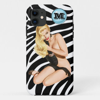 Blondine auf Retro-Zebramuster mit Monogramm title_seo2
