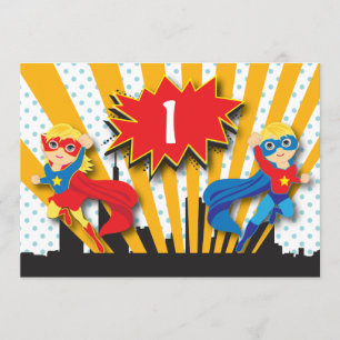 Blondine des Zwillings-Superheld-Geburtstags- Einladung