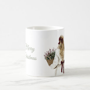 Blondine Frau weißer Mantel Burgunder Schleife Wei Kaffeetasse