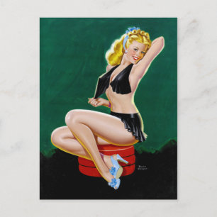 Blondine in blauen Pantoffeln Pin Up Postkarte