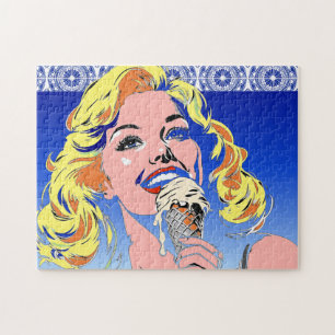 Blondine isst Eis im farbenfrohen Pop-Art-Stil der