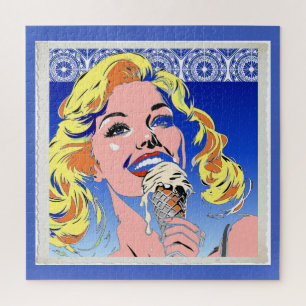 Blondine isst Eis im farbenfrohen Pop-Art-Stil der