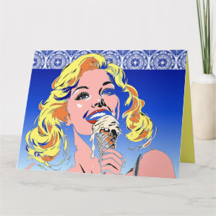Blondine isst Eis im farbenfrohen Pop-Art-Stil der Karte