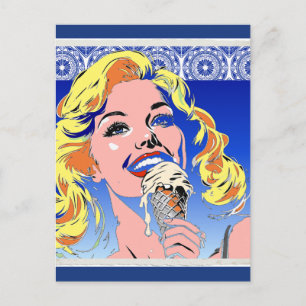 Blondine isst Eis im farbenfrohen Pop-Art-Stil der Postkarte