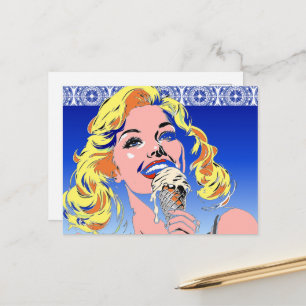 Blondine isst Eiscreme Farbige Pop-Art im Stil der Postkarte