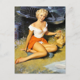 Blondine und Welpe Pin Up Postkarte