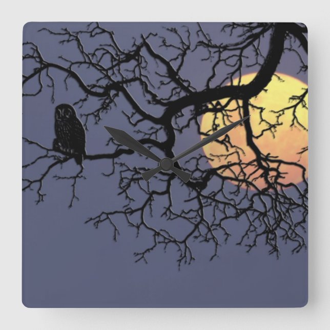 Blood Moon and Night Owl Silhouette Quadratische Wanduhr (Vorderseite)