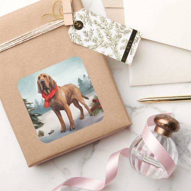 Bloodhound Hund im Schnee Weihnachten Quadratischer Aufkleber (Schenken)