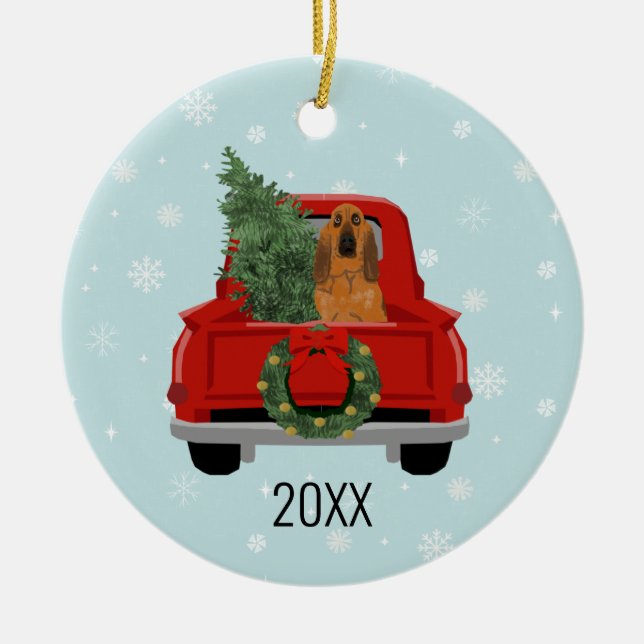 Bloodhound Hund Weihnachten Red Truck Keramik Ornament (Vorne)