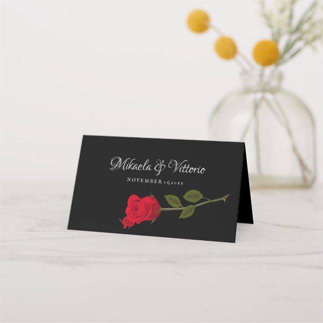 Bloody Rose Elegante Black Gothic Wedding Platzkarte (Vorderseite)