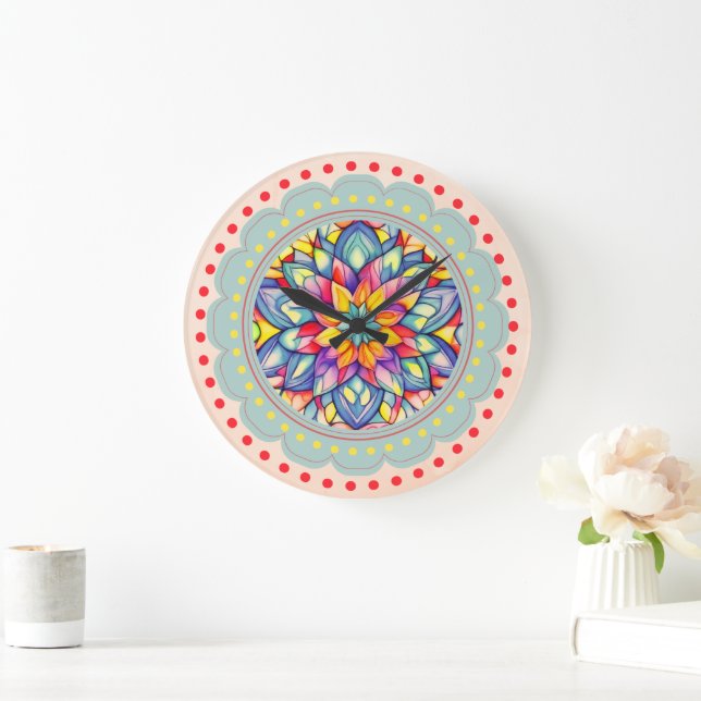 Bloom Bliss Farbige Blume  Große Wanduhr (Zuhause)