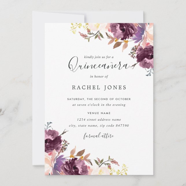 Bloom Floral Lila Watercolor Quinceanera Einladung (Vorderseite)
