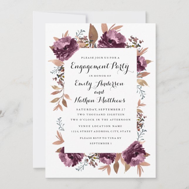 Bloom Lila Watercolor Engagement Party einladen Einladung (Vorderseite)