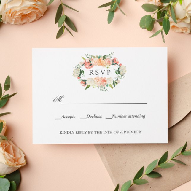 Bloom Peach Pink Botanical WEDD RSVP Karte (Elegant resp card with serif font and peach pink peony flowers and leaves. Rustic chic floral)