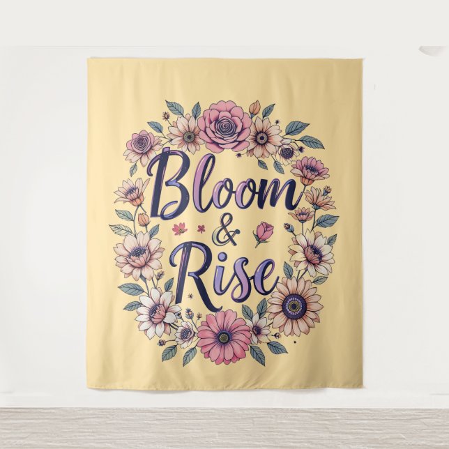 Bloom & Rise florale Typografie Wandteppiche (Vorderseite)