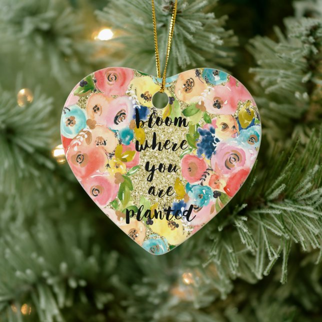 Bloom wo Sie gepflanzt Gold Glitzer Blüte Keramik Ornament (Baum)