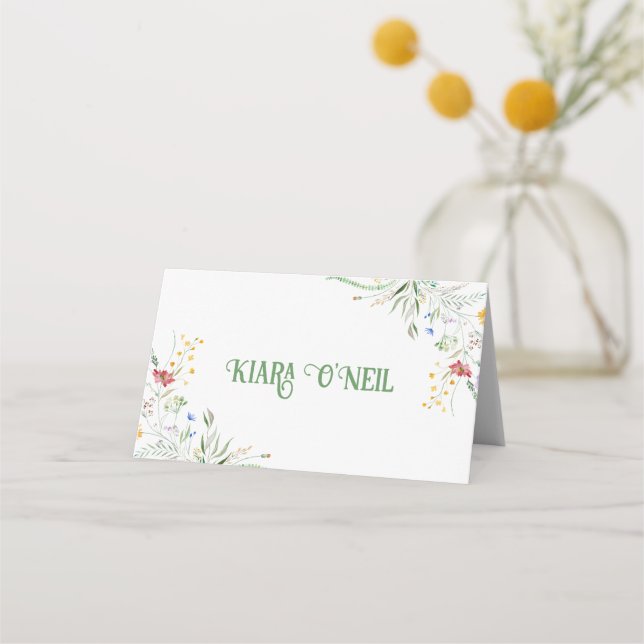 Bloomin' Whimsy" Wildblume Hochzeitsempfang Platzkarte (Vorderseite)