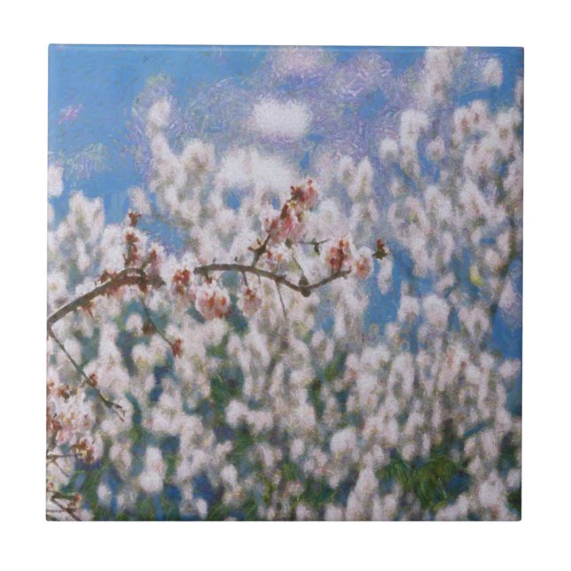 Blooming Almond Tree Pointillism Artwork Fliese (Vorderseite)