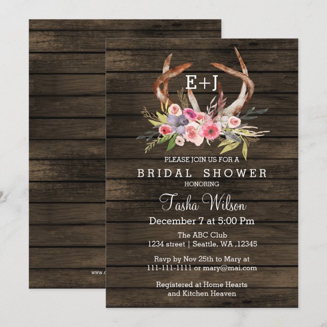 Blooming Antlers Country Chic Brautparty Einladung (Vorne/Hinten)