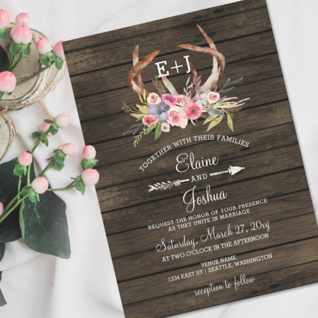 Blooming Antlers Country Chic Wedding Einladungen (Von Creator hochgeladen)