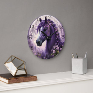 "Blooming Dreams: The Lila Floral Fantasy Horses" Große Wanduhr