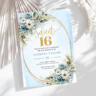 Blooming Dusty Blue Floral Sweet Sixteen Birthday Einladung
