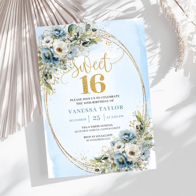 Blooming Dusty Blue Floral Sweet Sixteen Birthday  Einladung (Blooming Dusty Blue Floral Sweet Sixteen Birthday Invitation

)