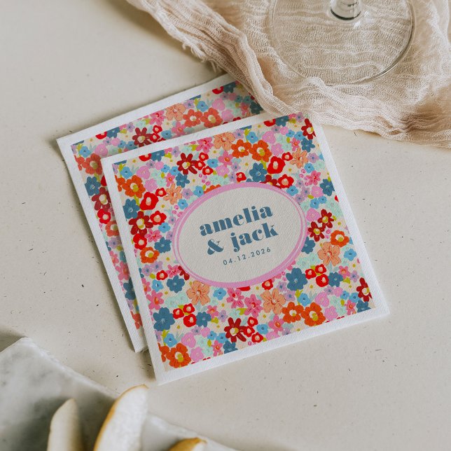 Blooming Joy Bright Floral Maximalist Wedding Serviette (Blooming Joy Bright Floral Maximalist Wedding Paper Cocktail Napkins)