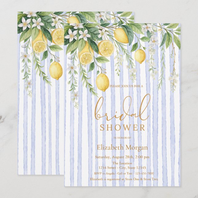  Blooming Lemons Blue Striped Bridal Shower Einladung (Vorne/Hinten)