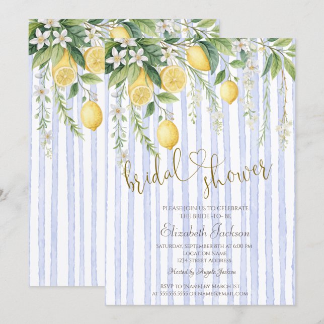  Blooming Lemons Blue Stripes Bridal Shower  Einladung (Vorne/Hinten)