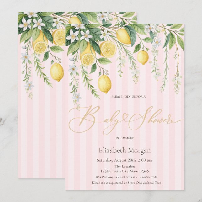  Blooming Lemons Pink Striped Baby Shower Einladung (Vorne/Hinten)